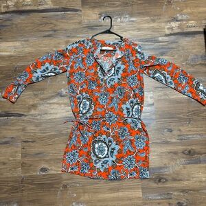 70s Style Short Printed Orange Loft Dress - Size XS